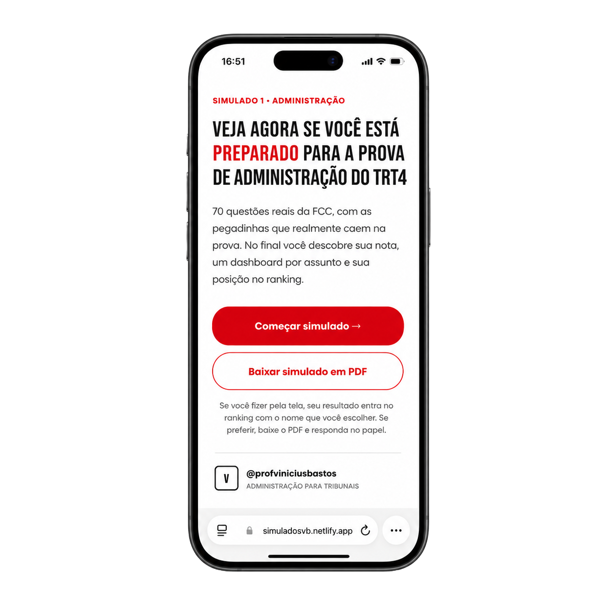 Simulado de Administração rodando no celular, tela de início do Simulado 1